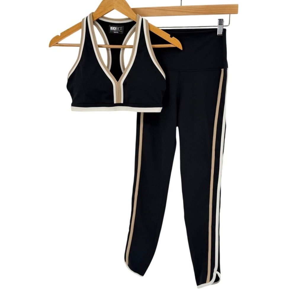 Beach Riot Womens Medium 2 Piece Activewear Set Black Tan Striped Bra Leggings